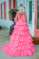 Load image into Gallery viewer, Princess A-Line V-Neck Fuchsia Prom Dress With Slit