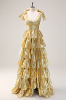 Load image into Gallery viewer, Hot Pink A Line V Neck Long Tiered Prom Dress