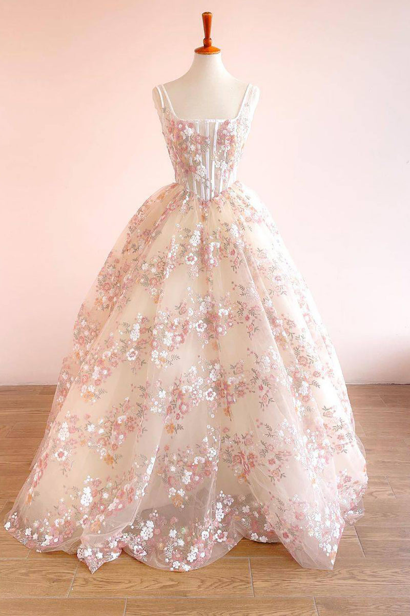 Load image into Gallery viewer, Women Champagne A-Line Corset Long Prom Dress with Appliques Square Neck Pleated Evening Party Dress