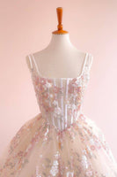 Load image into Gallery viewer, Floral Black A-Line Pleated Square Neck Long Prom Dress with Appliques