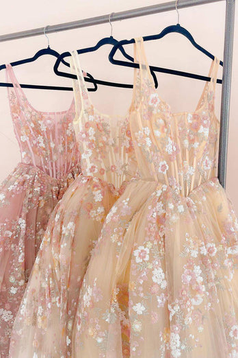 Floral Black A-Line Pleated Square Neck Long Prom Dress with Appliques