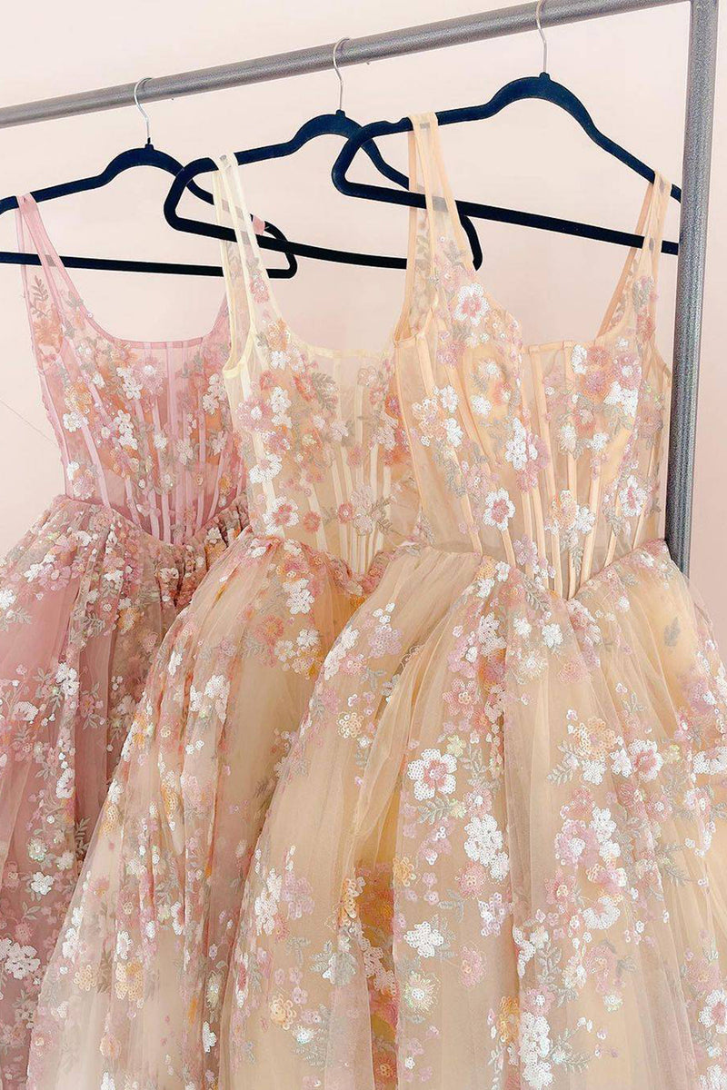 Load image into Gallery viewer, Floral Black A-Line Pleated Square Neck Long Prom Dress with Appliques