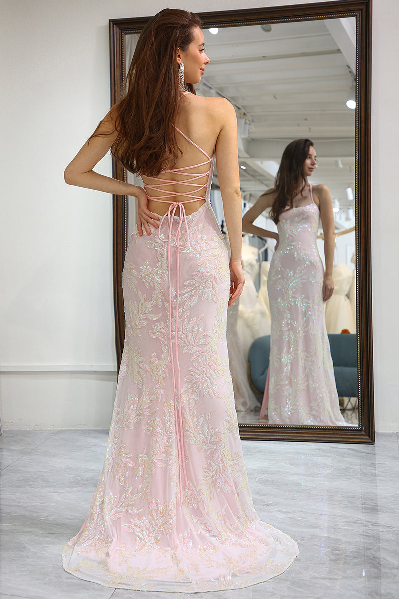 Load image into Gallery viewer, Mermaid Pink Lace-Up Back Prom Dress with Appliques