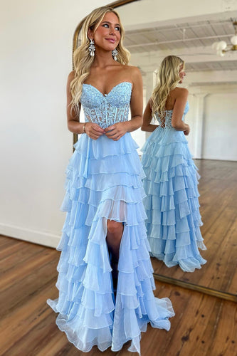 Blue Sweetheart Tiered Prom Dress