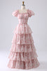 Load image into Gallery viewer, Women Blush Tiered Prom Dress with Corset Printed Party Dress with Puff Sleeves