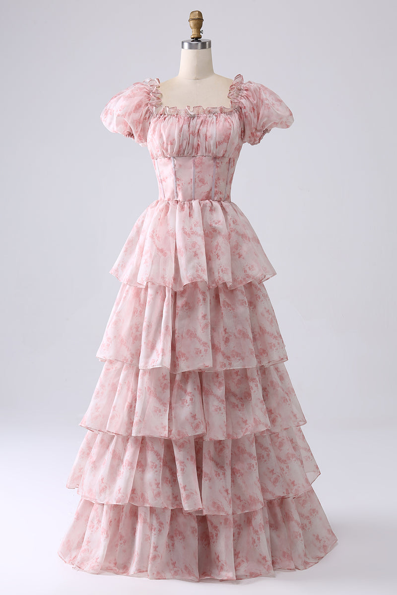 Load image into Gallery viewer, Women Blush Tiered Prom Dress with Corset Printed Party Dress with Puff Sleeves