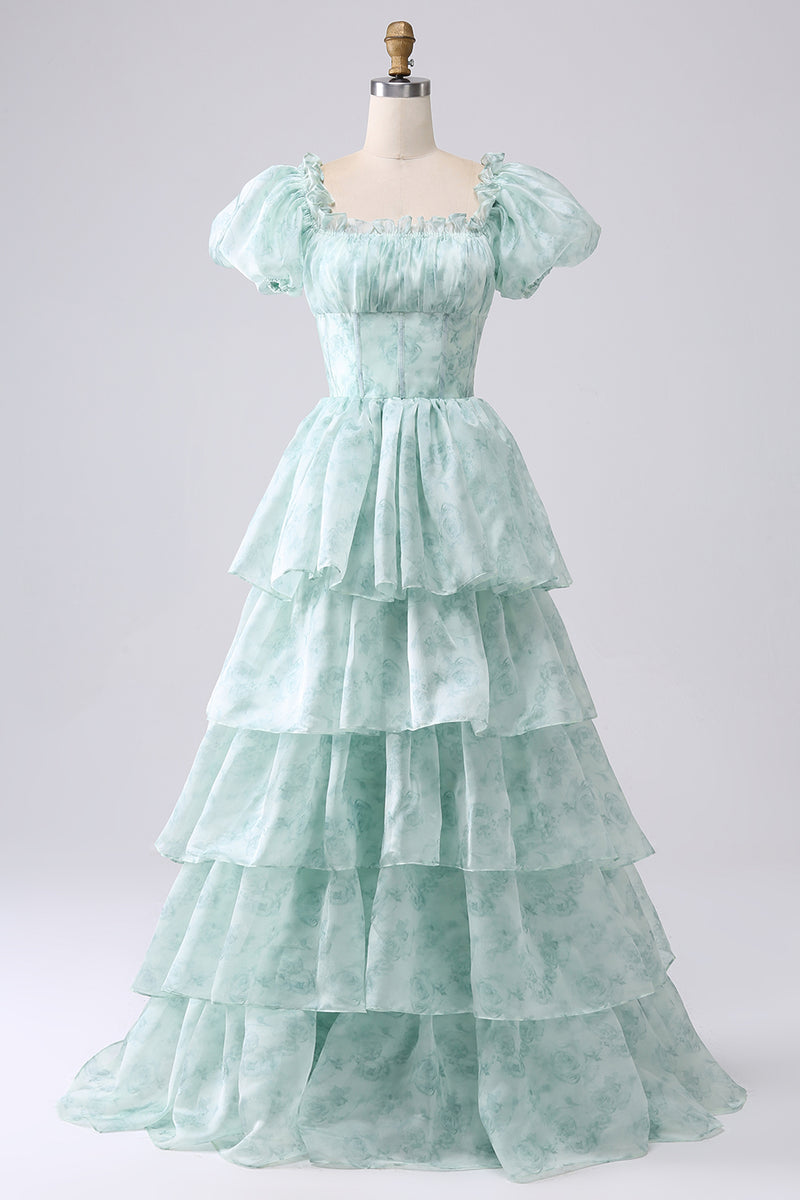 Load image into Gallery viewer, Women Green Tiered Prom Dress with Corset Printed Party Dress with Puff Sleeves