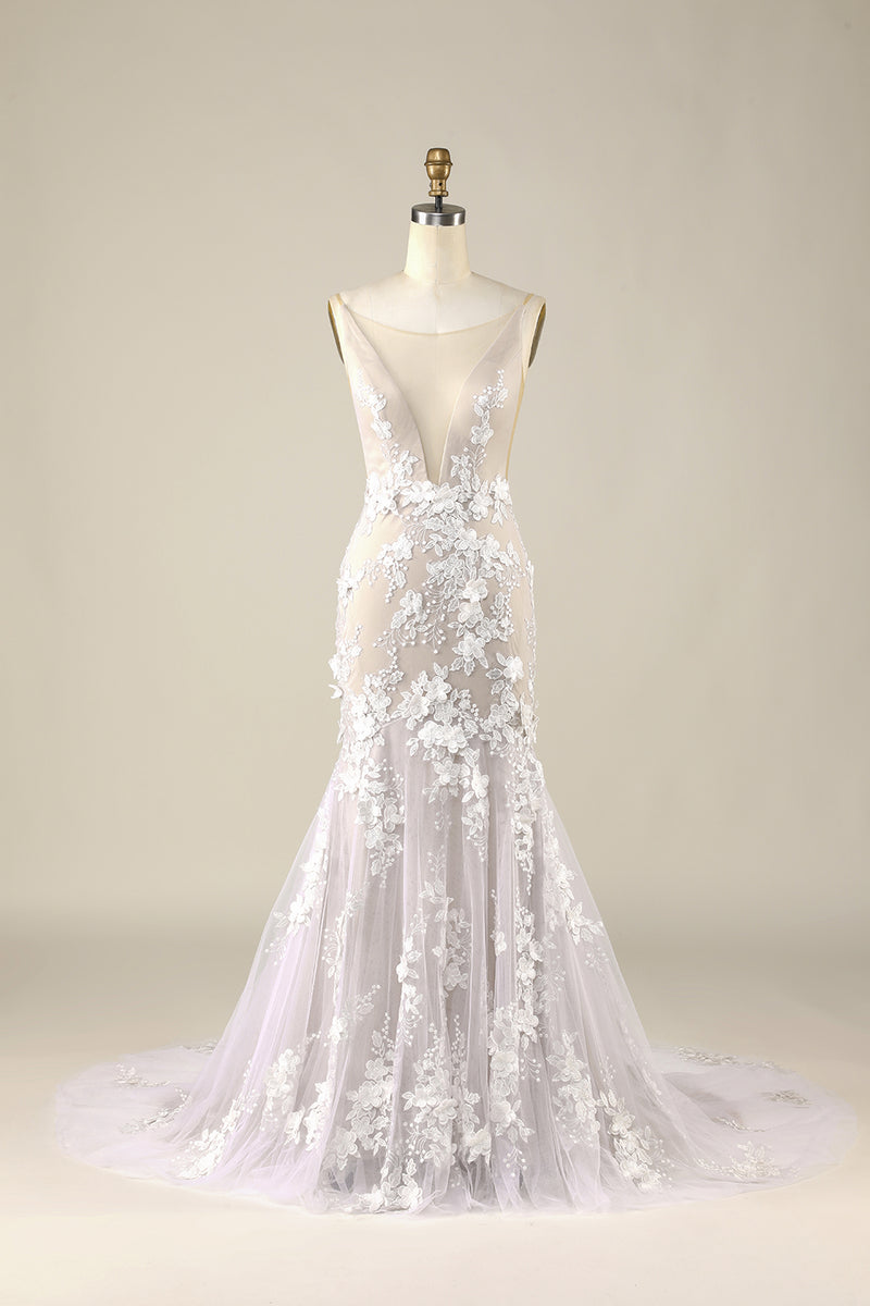 Load image into Gallery viewer, Tulle Backless Ivory Wedding Dress with Appliques