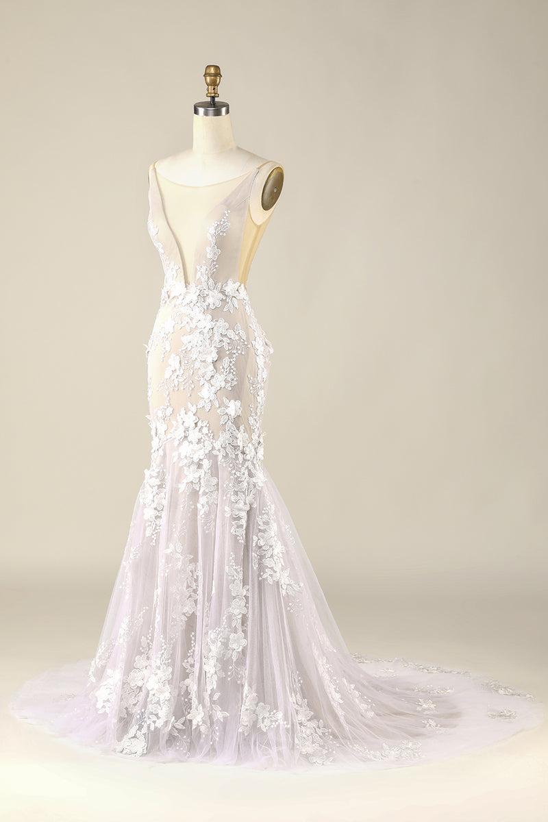Load image into Gallery viewer, Tulle Backless Ivory Wedding Dress with Appliques