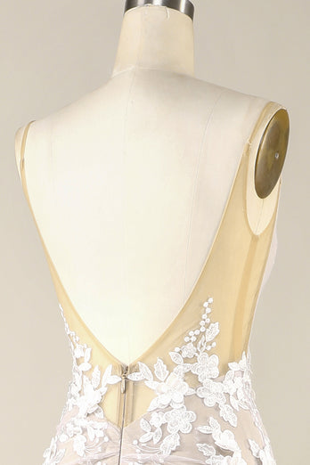 Tulle Backless Ivory Wedding Dress with Appliques