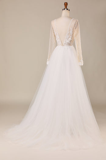 Tulle Ivory Long Sleeves Wedding Dress with Lace