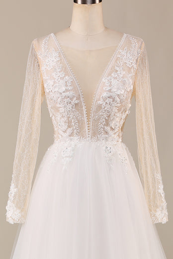 Tulle Ivory Long Sleeves Wedding Dress with Lace