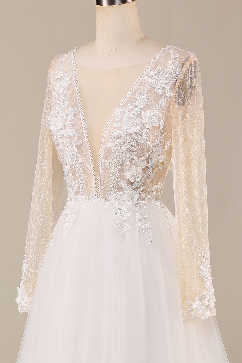 Load image into Gallery viewer, Tulle Ivory Long Sleeves Wedding Dress with Lace
