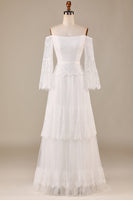Load image into Gallery viewer, Tulle Tiered Off The Shoulder Ivory Wedding Dress with Lace