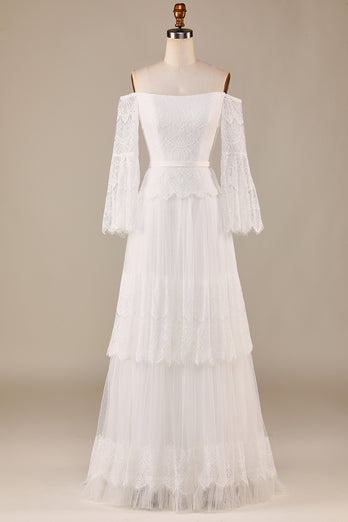 Tulle Tiered Off The Shoulder Ivory Wedding Dress with Lace