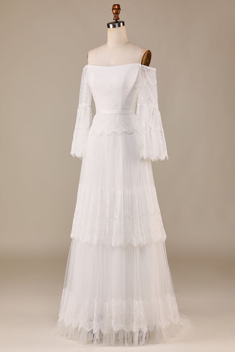Load image into Gallery viewer, Tulle Tiered Off The Shoulder Ivory Wedding Dress with Lace