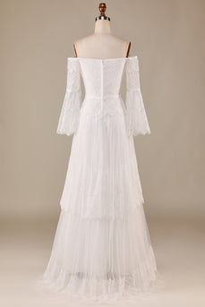 Tulle Tiered Off The Shoulder Ivory Wedding Dress with Lace