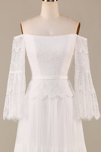 Tulle Tiered Off The Shoulder Ivory Wedding Dress with Lace
