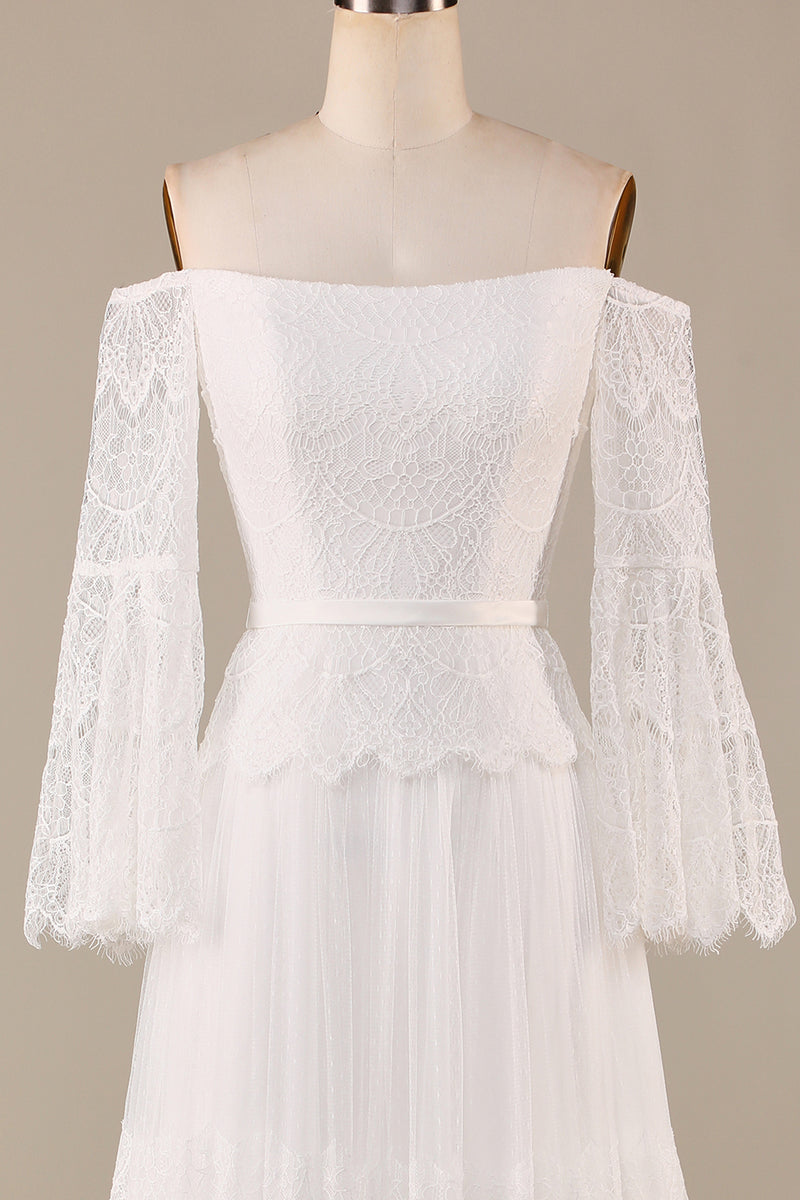Load image into Gallery viewer, Tulle Tiered Off The Shoulder Ivory Wedding Dress with Lace