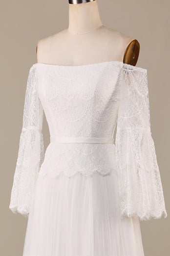 Tulle Tiered Off The Shoulder Ivory Wedding Dress with Lace