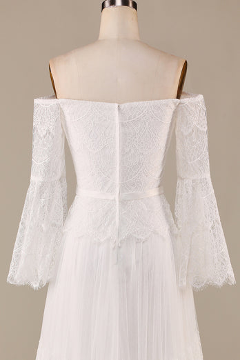 Tulle Tiered Off The Shoulder Ivory Wedding Dress with Lace