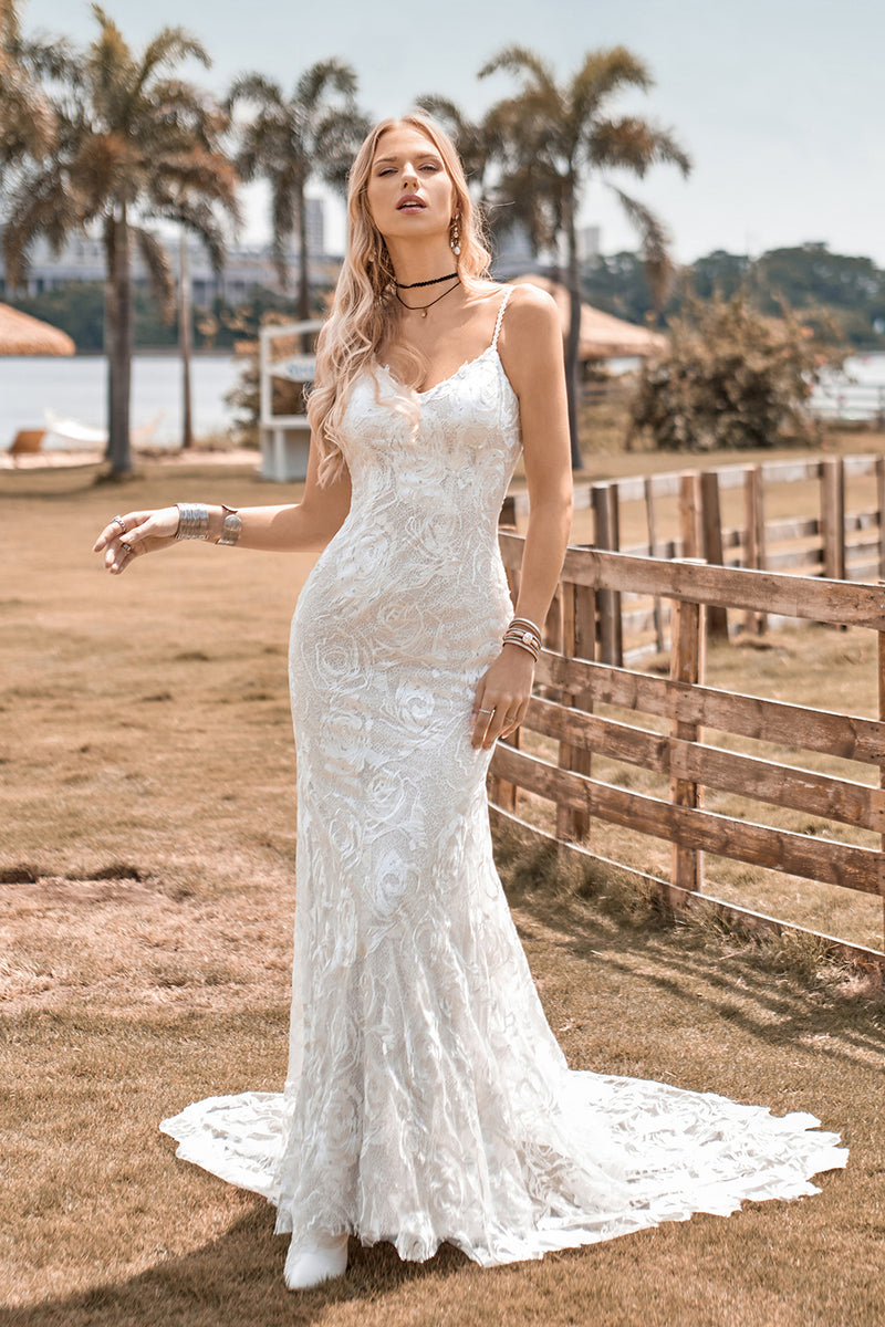 Load image into Gallery viewer, Mermaid Backless Lace Ivory Wedding Dress with Sweep Train