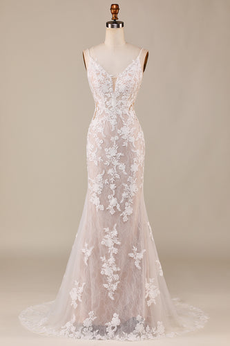 Mermaid Spaghetti Straps Ivory Bridal Dress with Appliques