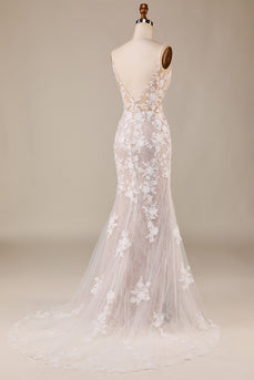 Mermaid Spaghetti Straps Ivory Bridal Dress with Appliques