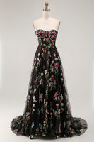 Load image into Gallery viewer, Black Floral Strapless A Line Long Prom Dress