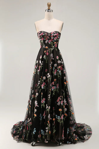 Black Floral Strapless A Line Long Prom Dress
