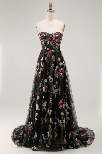 Black Floral Strapless A Line Long Prom Dress