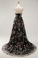 Load image into Gallery viewer, Black Floral Strapless A Line Long Prom Dress