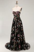 Load image into Gallery viewer, Black Floral Strapless A Line Long Prom Dress