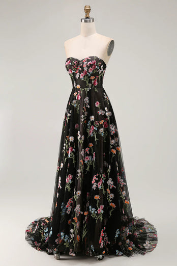 Black Floral Strapless A Line Long Prom Dress
