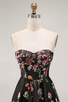 Load image into Gallery viewer, Black Floral Strapless A Line Long Prom Dress
