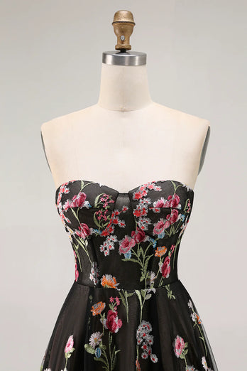 Black Floral Strapless A Line Long Prom Dress