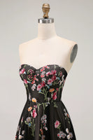 Load image into Gallery viewer, Black Floral Strapless A Line Long Prom Dress