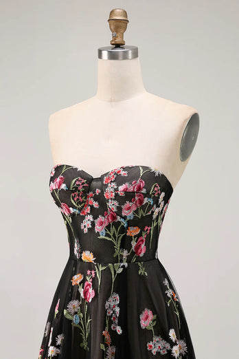 Black Floral Strapless A Line Long Prom Dress