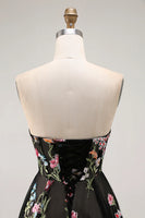 Load image into Gallery viewer, Black Floral Strapless A Line Long Prom Dress