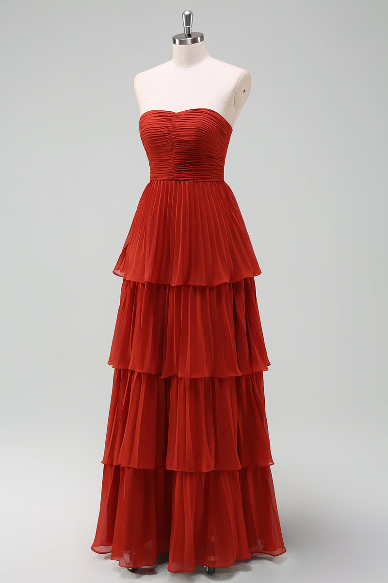 Load image into Gallery viewer, Strapless Tiered Burgundy Long Bridesmaid Dress