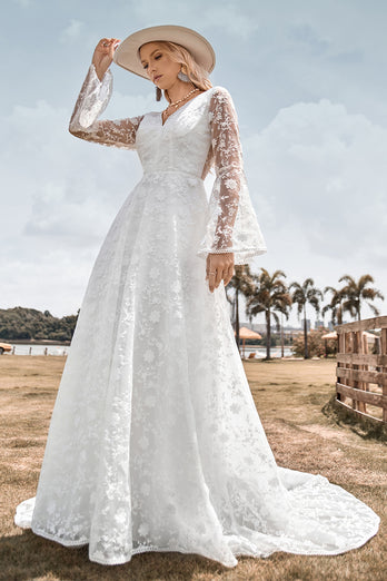 A-Line Ivory Lace Flare Sleeves Wedding Dress