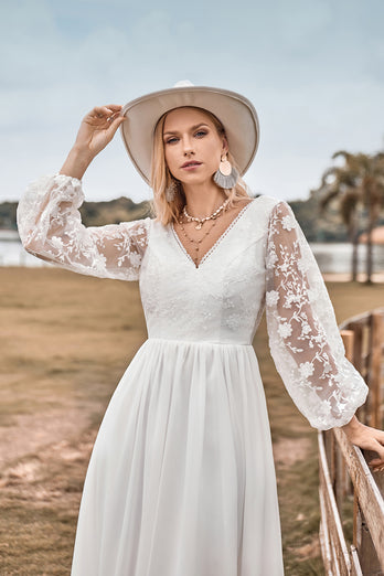 Chiffon Ivory Sweep Train Boho Wedding Dress with Lace
