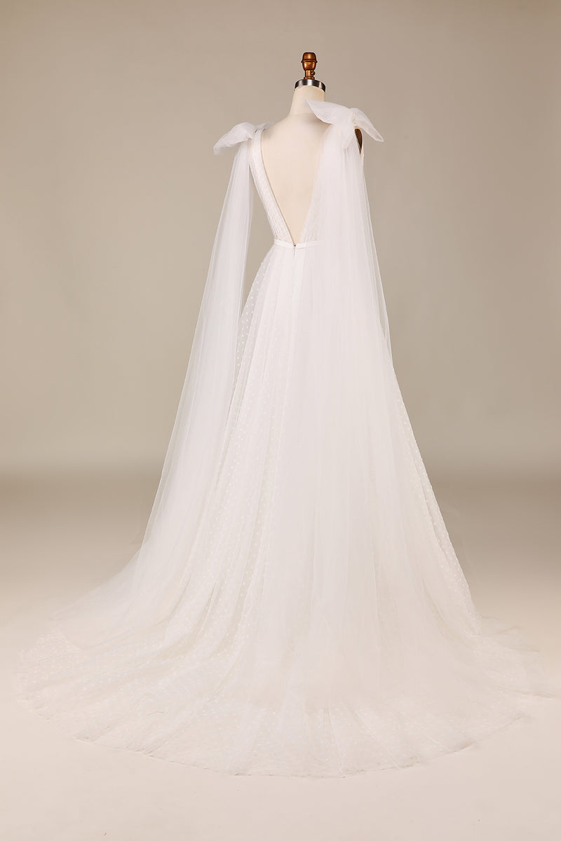 Load image into Gallery viewer, Tulle A-Line Deep V-Neck Ivory Wedding Dress with Bowknot