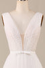 Load image into Gallery viewer, Tulle A-Line Deep V-Neck Ivory Wedding Dress with Bowknot