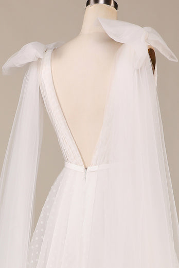 Tulle A-Line Deep V-Neck Ivory Wedding Dress with Bowknot