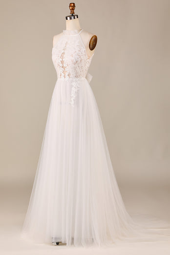 Tulle Open Back Sweep Train Ivory Wedding Dress with Lace