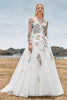 Load image into Gallery viewer, Long Sleeves Tulle Ivory Wedding Dress with Embroidery