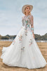 Load image into Gallery viewer, Long Sleeves Tulle Ivory Wedding Dress with Embroidery