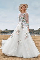 Load image into Gallery viewer, Long Sleeves Tulle Ivory Wedding Dress with Embroidery