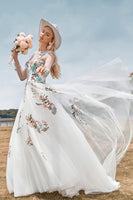 Load image into Gallery viewer, Long Sleeves Tulle Ivory Wedding Dress with Embroidery